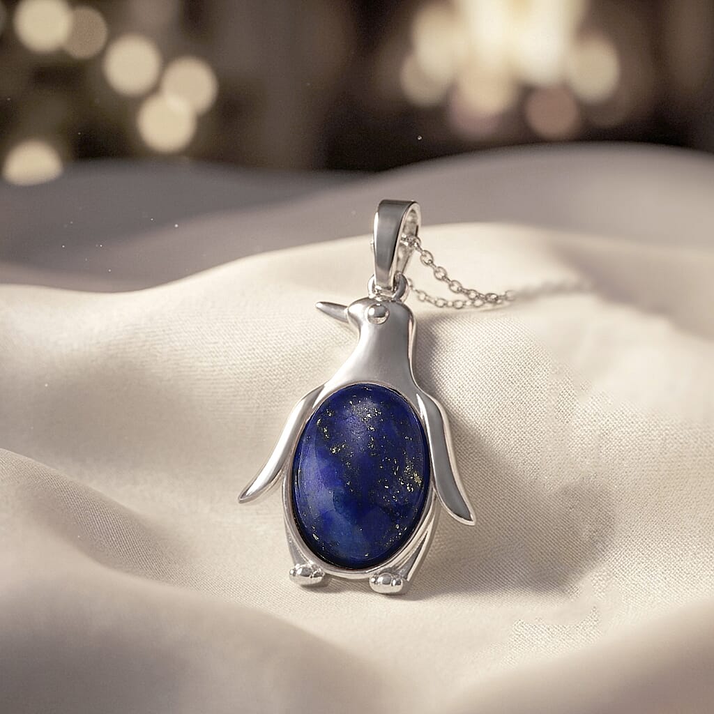 Lapis Lazuli 15.00 ctw Pendant in Silvertone with Stainless Steel Necklace 20 Inches