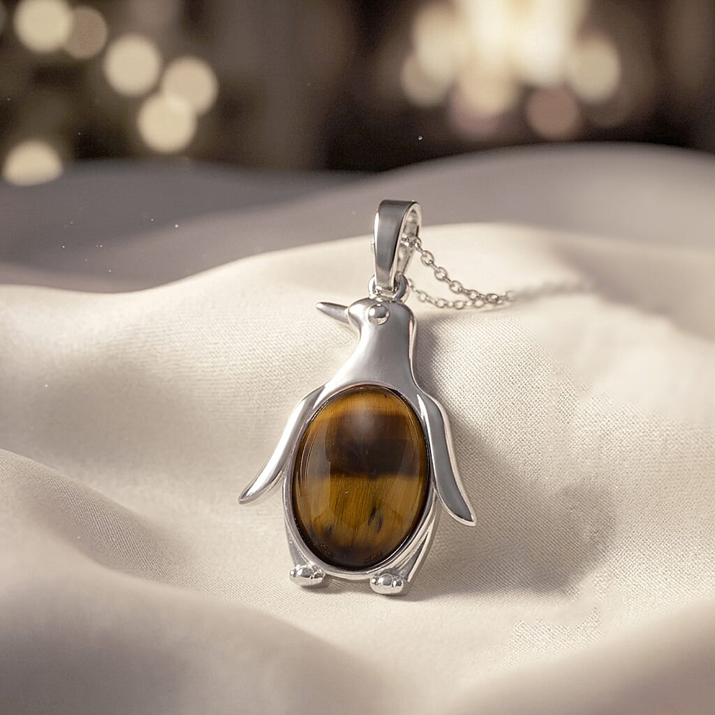 Yellow Tigers Eye 15.00 ctw Pendant in Silvertone with Stainless Steel Necklace 20 Inches