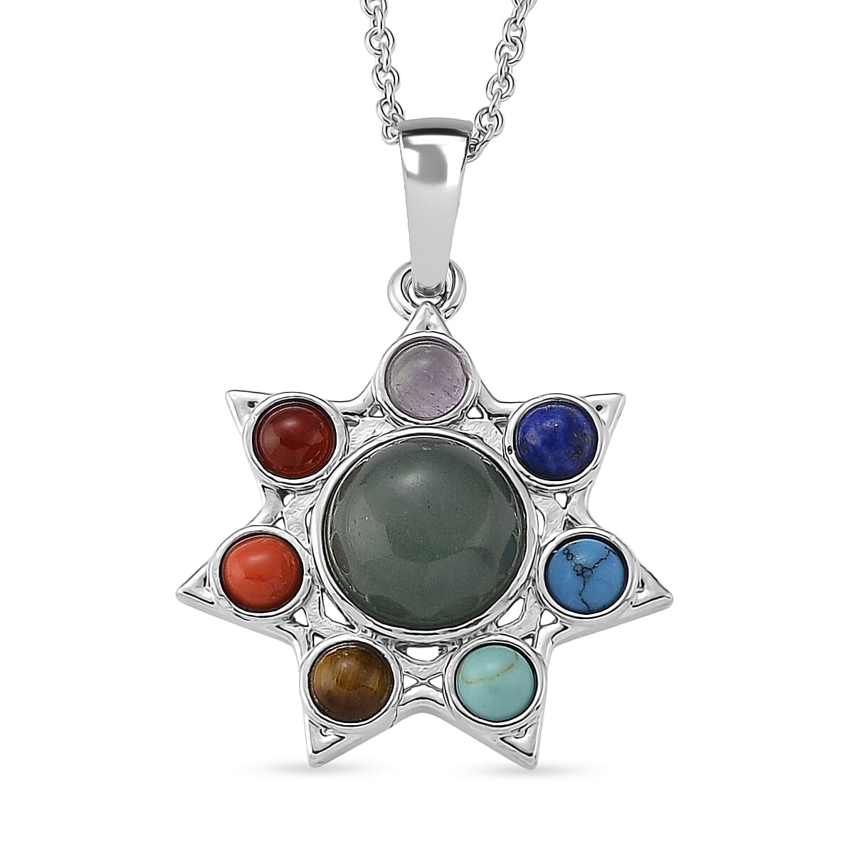 Green Aventurine and Multi Gemstone 12.00 ctw Pendant in Silvertone with Stainless Steel Necklace 20 Inches