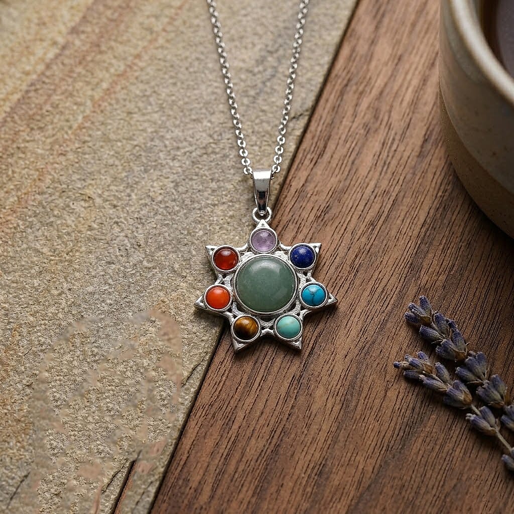 Green Aventurine and Multi Gemstone 12.00 ctw Pendant in Silvertone with Stainless Steel Necklace 20 Inches
