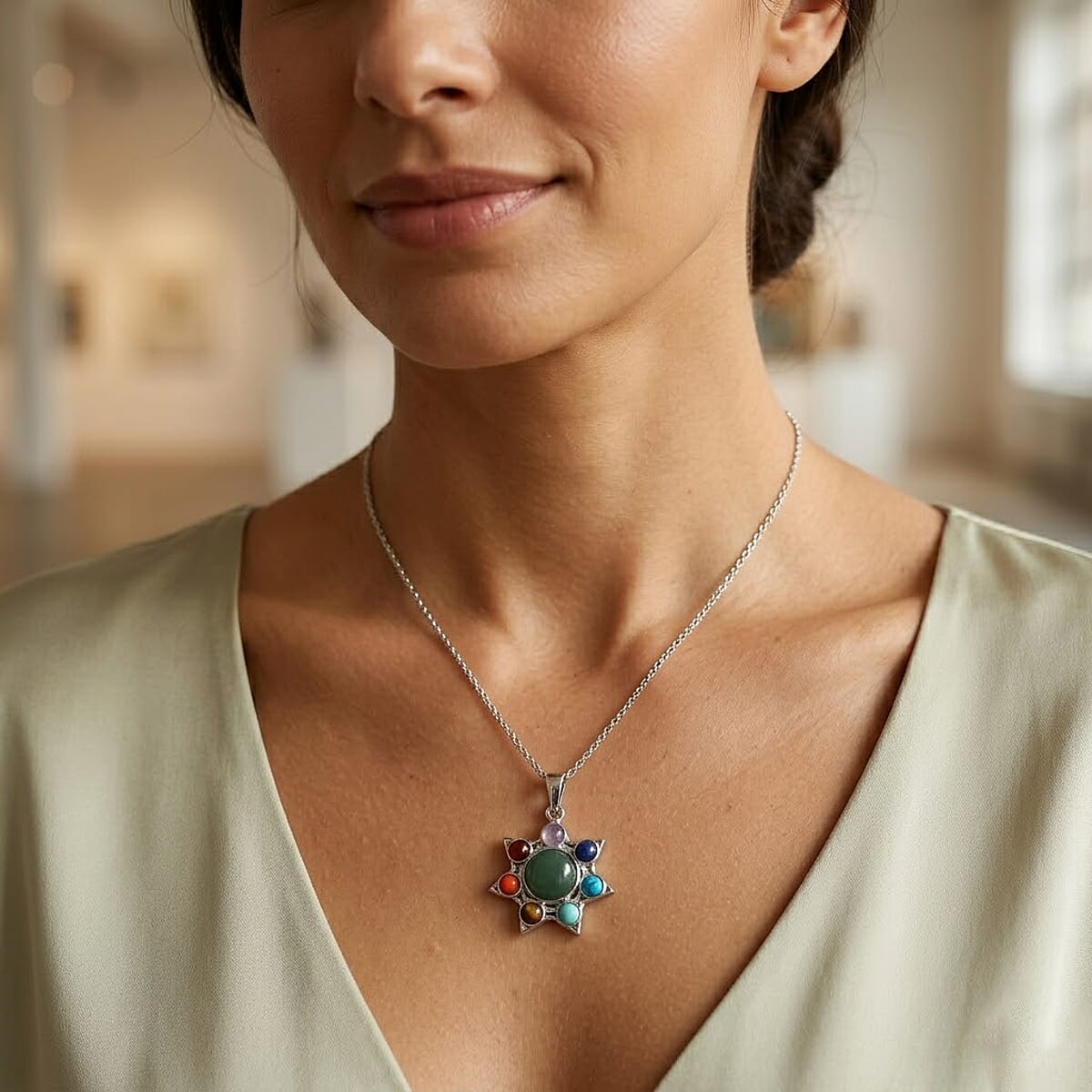 Green Aventurine, Multi Gemstone Pendant in Silvertone with Stainless Steel Necklace (20 Inches) 12.00 ctw image number 2