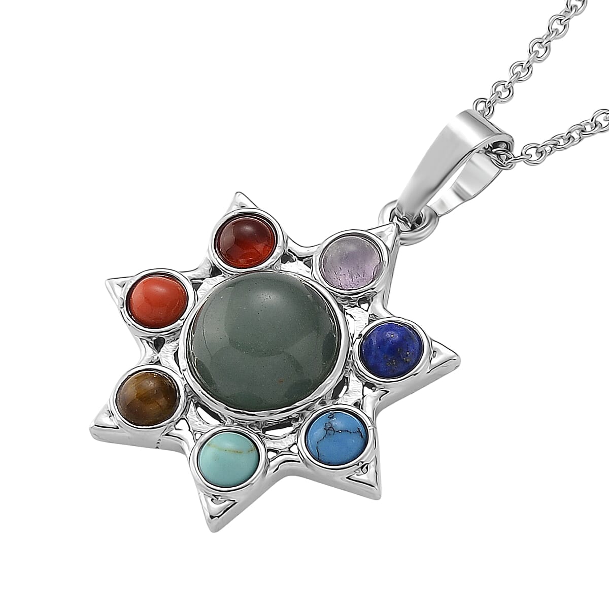 Green Aventurine, Multi Gemstone Pendant in Silvertone with Stainless Steel Necklace (20 Inches) 12.00 ctw image number 3