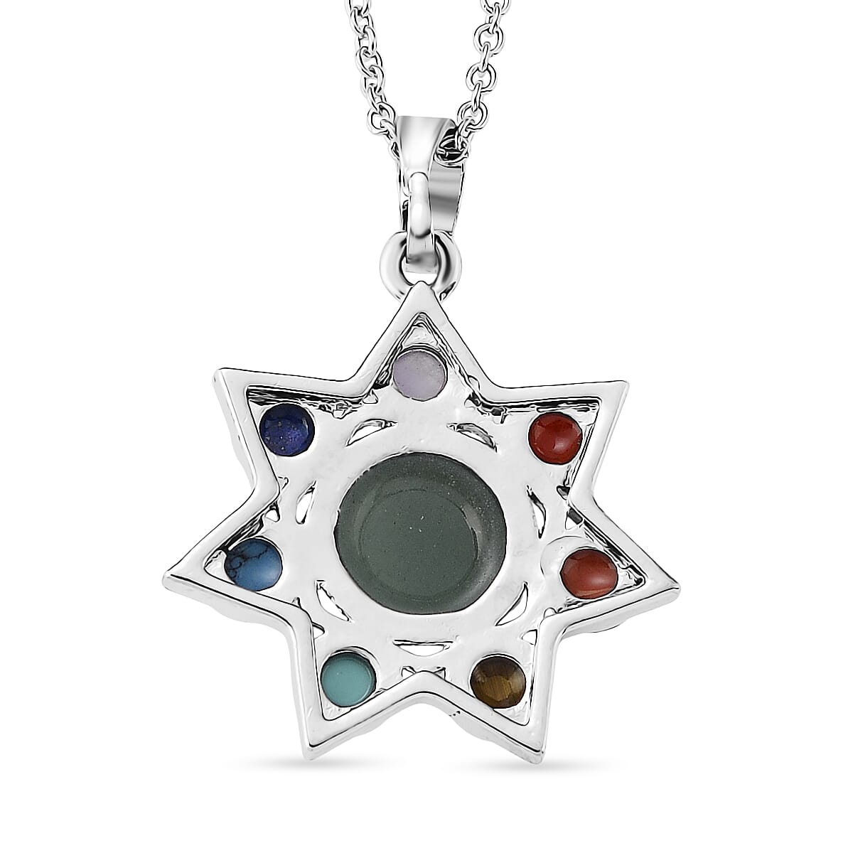 Green Aventurine, Multi Gemstone Pendant in Silvertone with Stainless Steel Necklace (20 Inches) 12.00 ctw image number 4