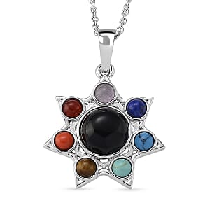 Black Obsidian and Multi Gemstone 12.00 ctw Pendant in Silvertone with Stainless Steel Necklace 20 Inches