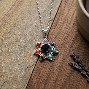 Black Obsidian and Multi Gemstone 12.00 ctw Pendant in Silvertone with Stainless Steel Necklace 20 Inches
