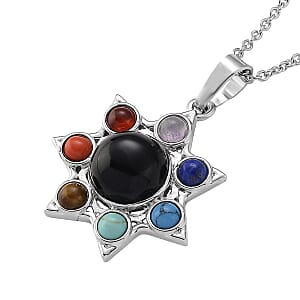 Black Obsidian and Multi Gemstone 12.00 ctw Pendant in Silvertone with Stainless Steel Necklace 20 Inches