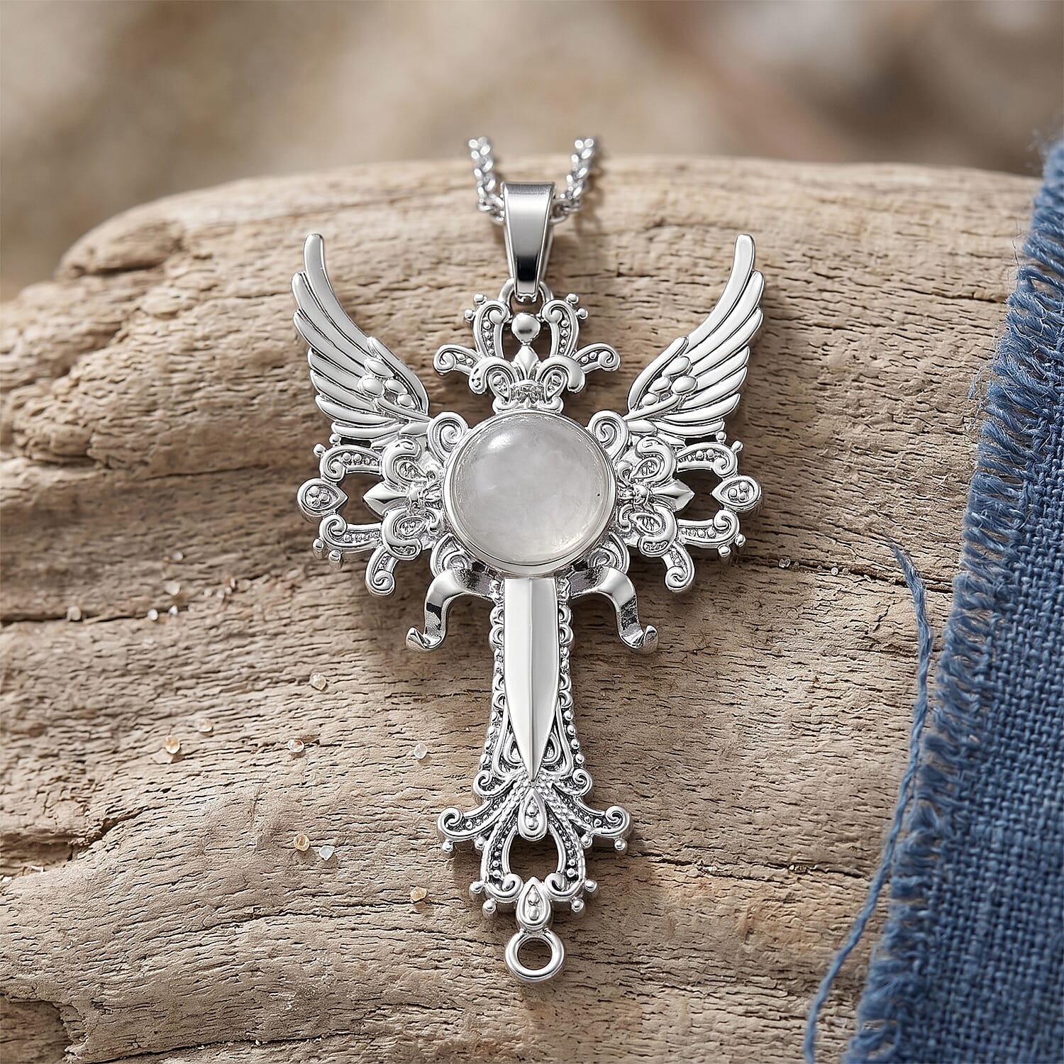 White Crystal Quartz 12.00 ctw Pendant in Silvertone with Stainless Steel Necklace 20 Inches