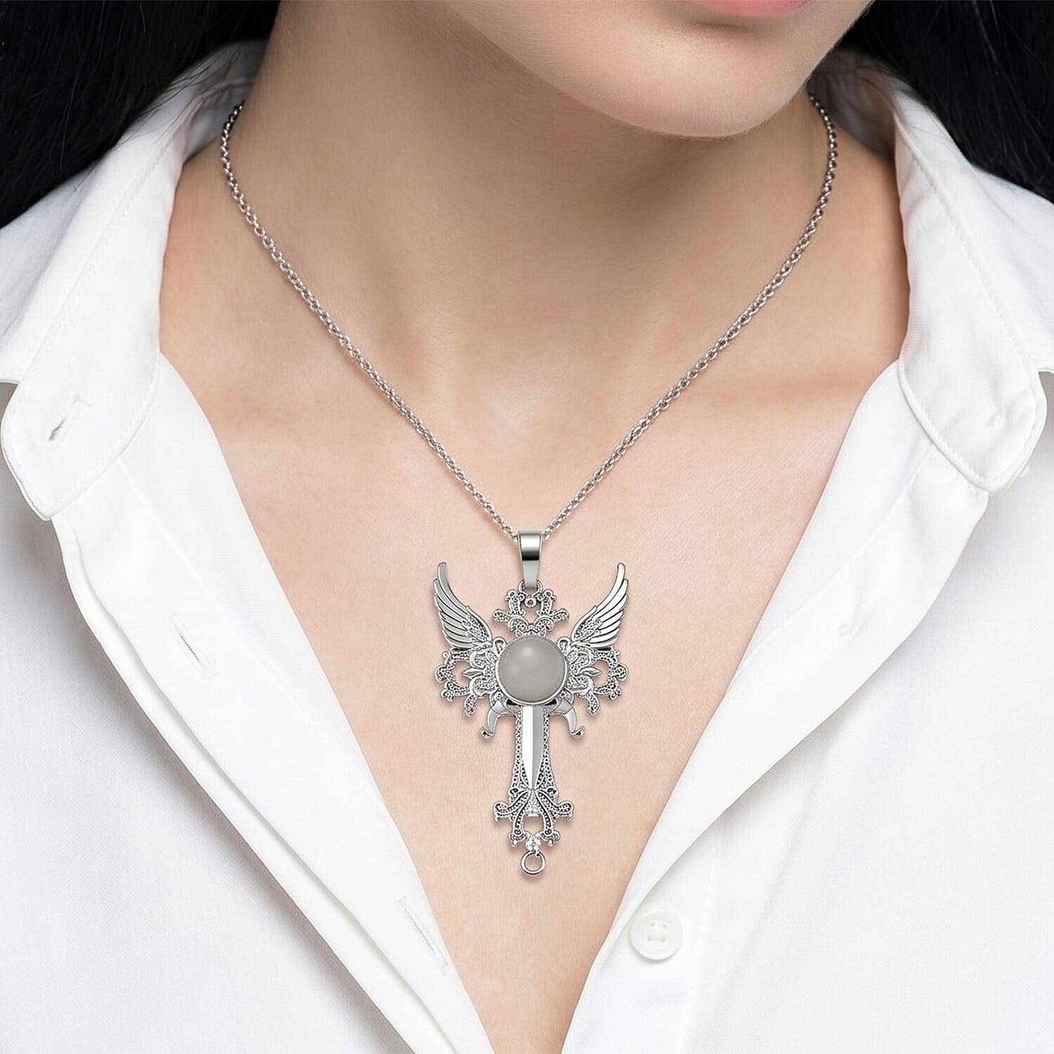 White Crystal Quartz 12.00 ctw Pendant in Silvertone with Stainless Steel Necklace 20 Inches
