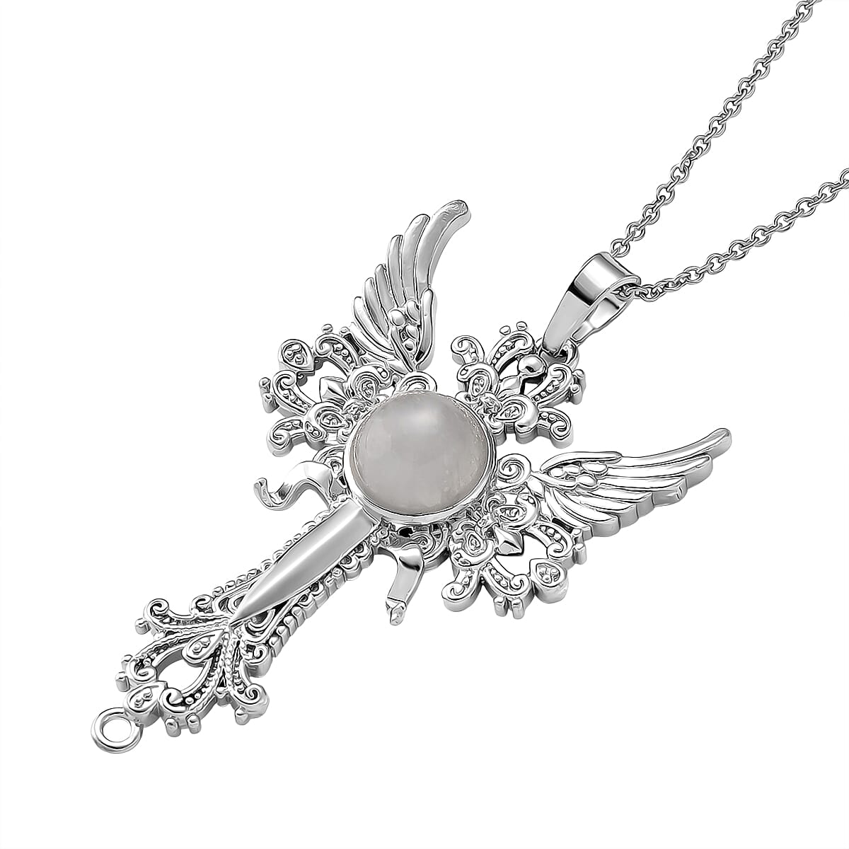 White Crystal Quartz 12.00 ctw Pendant in Silvertone with Stainless Steel Necklace 20 Inches