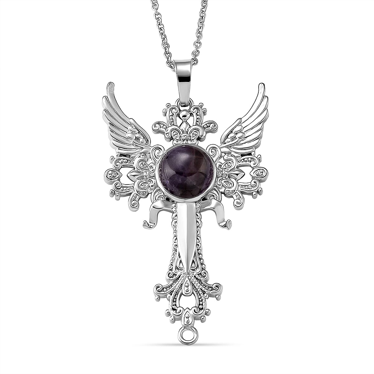 African Amethyst 12.00 ctw Pendant in Silvertone with Stainless Steel Necklace 20 Inches