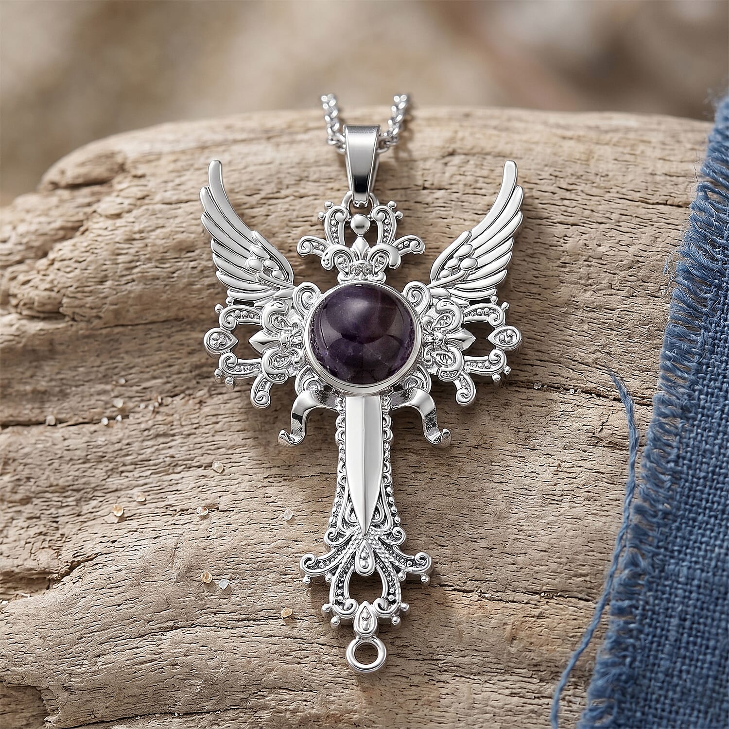 African Amethyst 12.00 ctw Pendant in Silvertone with Stainless Steel Necklace 20 Inches