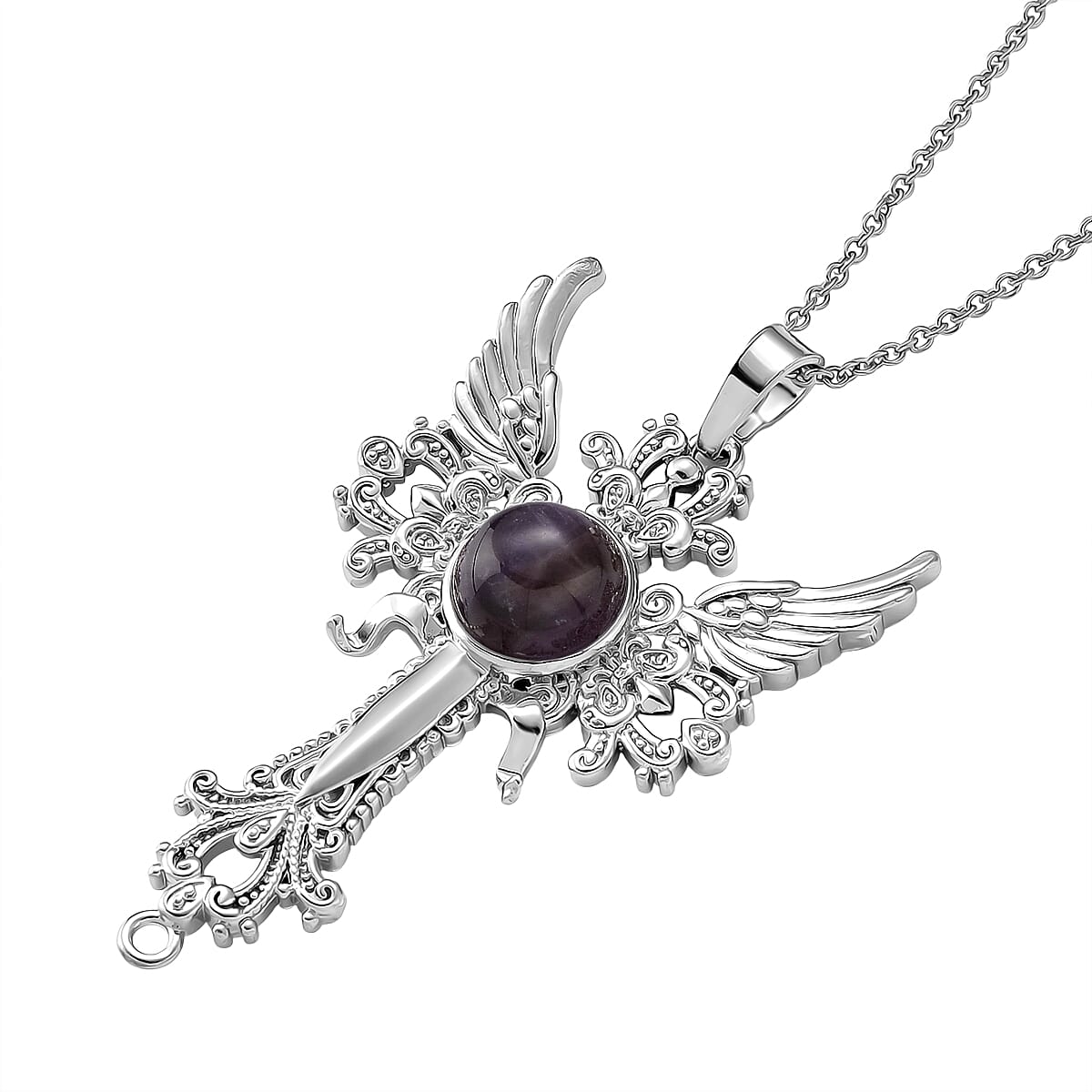 African Amethyst 12.00 ctw Pendant in Silvertone with Stainless Steel Necklace 20 Inches