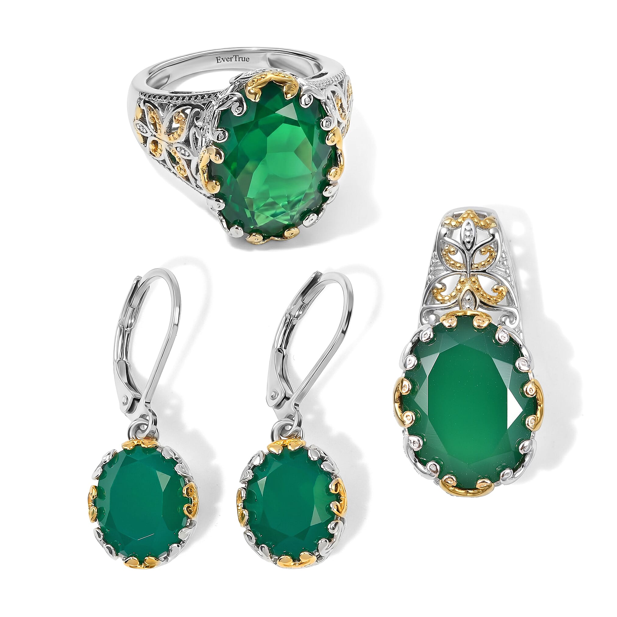 EverTrue Verde Onyx 19.65 ctw Solitaire Ring (Size 7.00), Pendant Without Chain and Earrings in 18K YG Plated and Platinum Bond