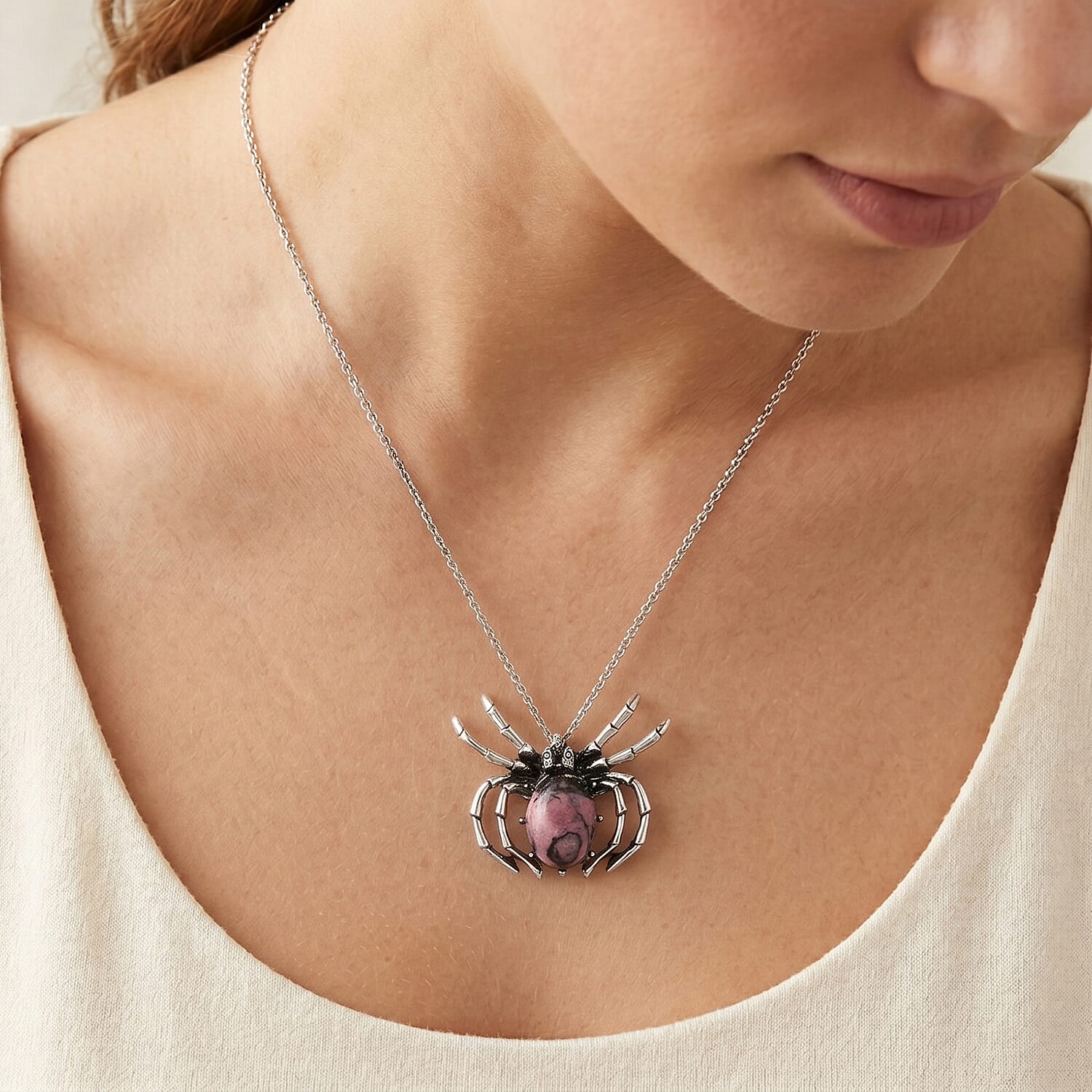 Rhodonite 25.00 ctw Pendant in Silvertone with Stainless Steel Necklace 20 Inches