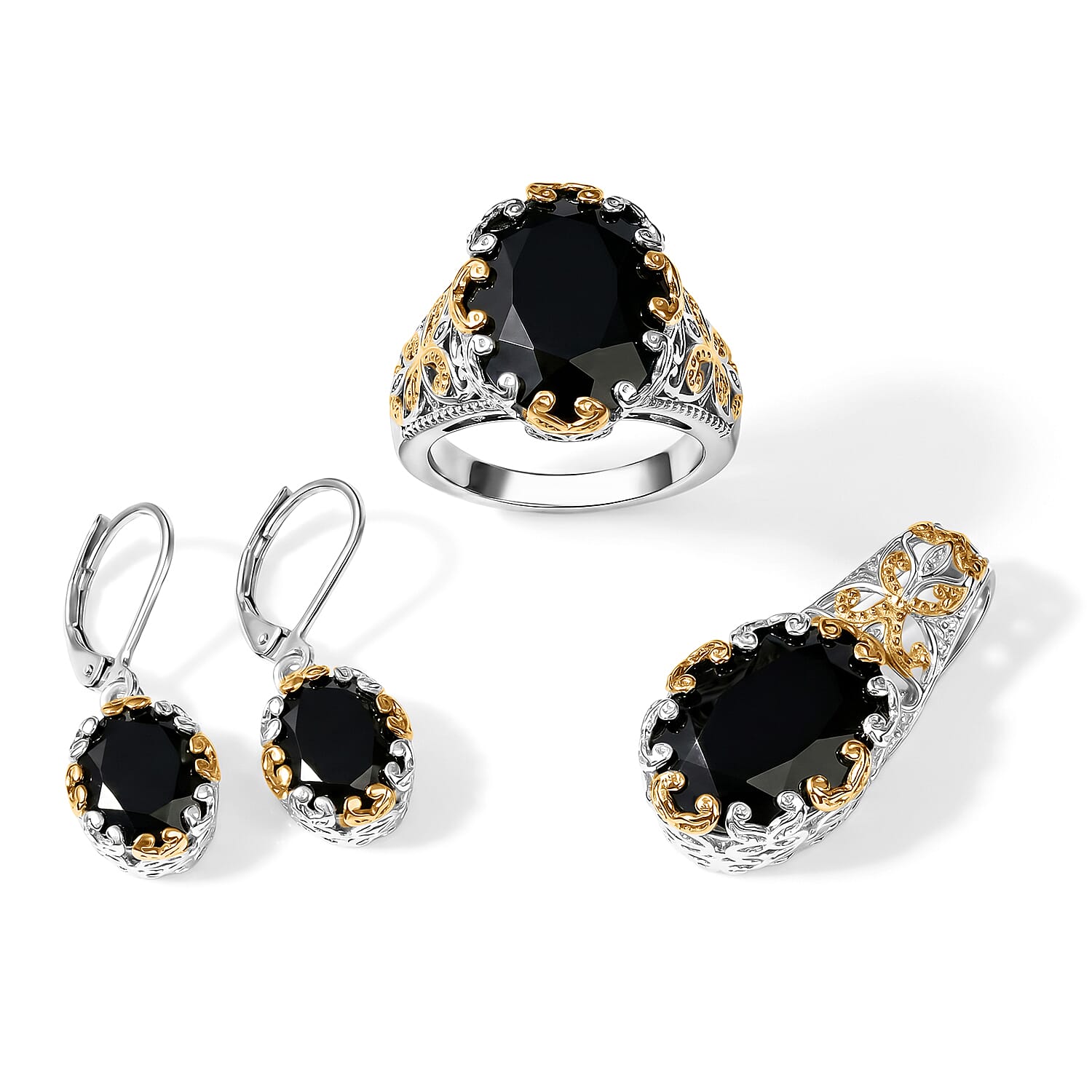 EverTrue Verde Onyx Solitaire Ring (Size 7.00), Pendant Without Chain and Earrings in 18K YG Plated and Platinum Bond 19.65 ctw