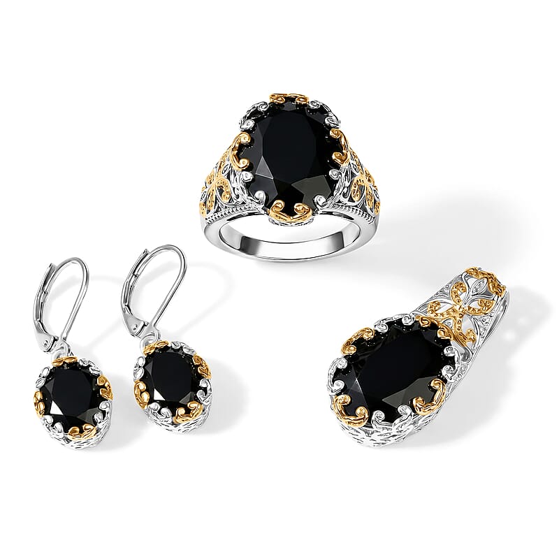 EverTrue Thai Black Spinel 27.00 ctw Solitaire Ring (Size 5.00), Pendant Without Chain and Earrings in 18K YG Plated and Platinum Bond