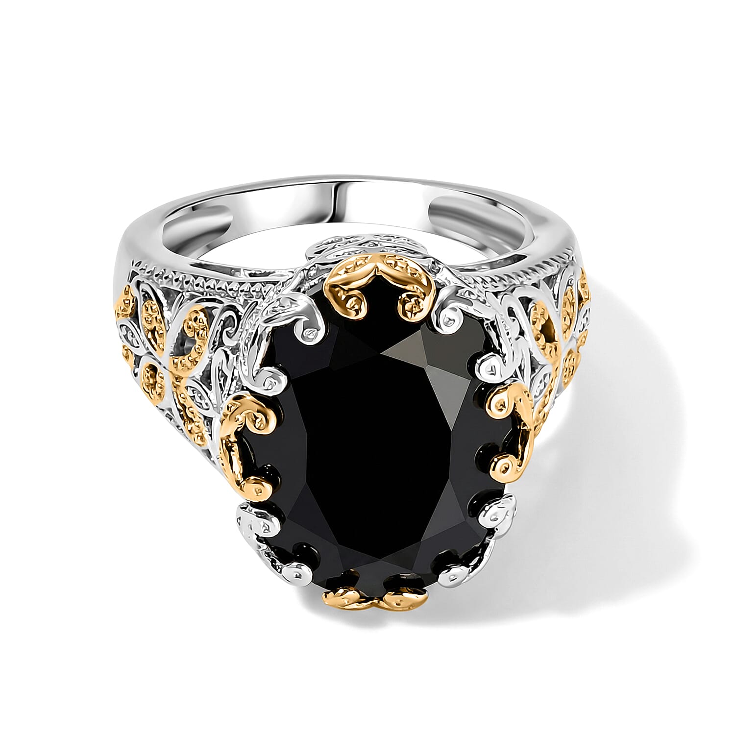 EverTrue Thai Black Spinel 27.00 ctw Solitaire Ring (Size 5.00), Pendant Without Chain and Earrings in 18K YG Plated and Platinum Bond