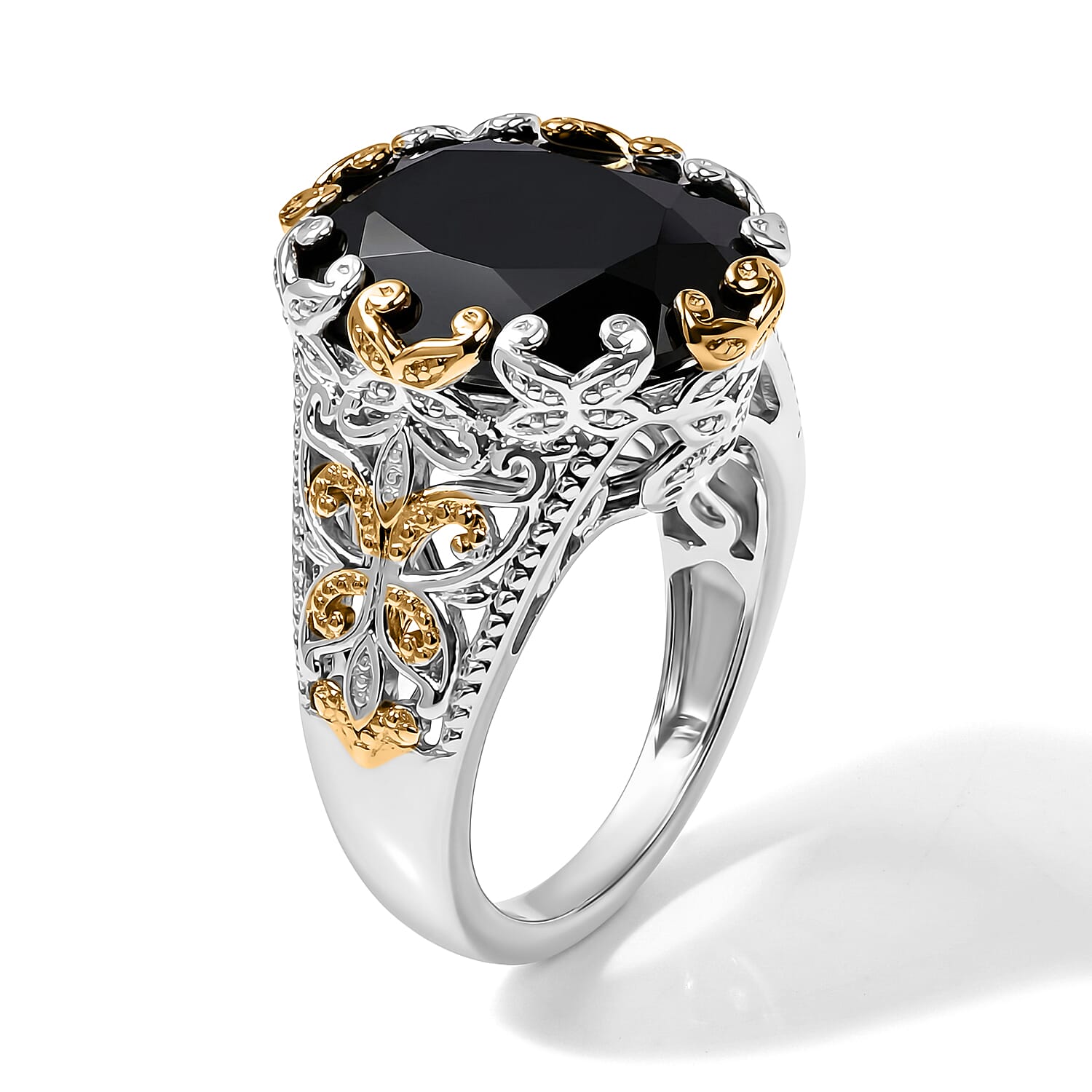EverTrue Thai Black Spinel 27.00 ctw Solitaire Ring (Size 5.00), Pendant Without Chain and Earrings in 18K YG Plated and Platinum Bond