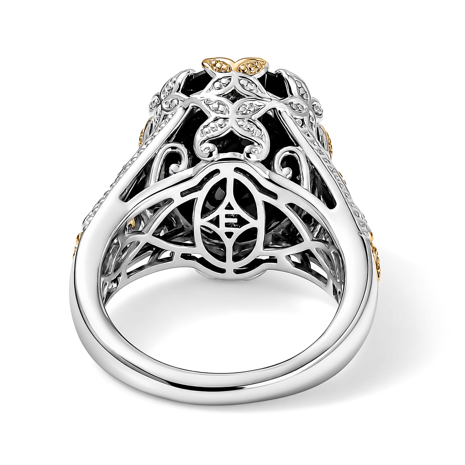 EverTrue Thai Black Spinel 27.00 ctw Solitaire Ring (Size 5.00), Pendant Without Chain and Earrings in 18K YG Plated and Platinum Bond