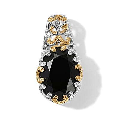 EverTrue Thai Black Spinel 27.00 ctw Solitaire Ring (Size 5.00), Pendant Without Chain and Earrings in 18K YG Plated and Platinum Bond