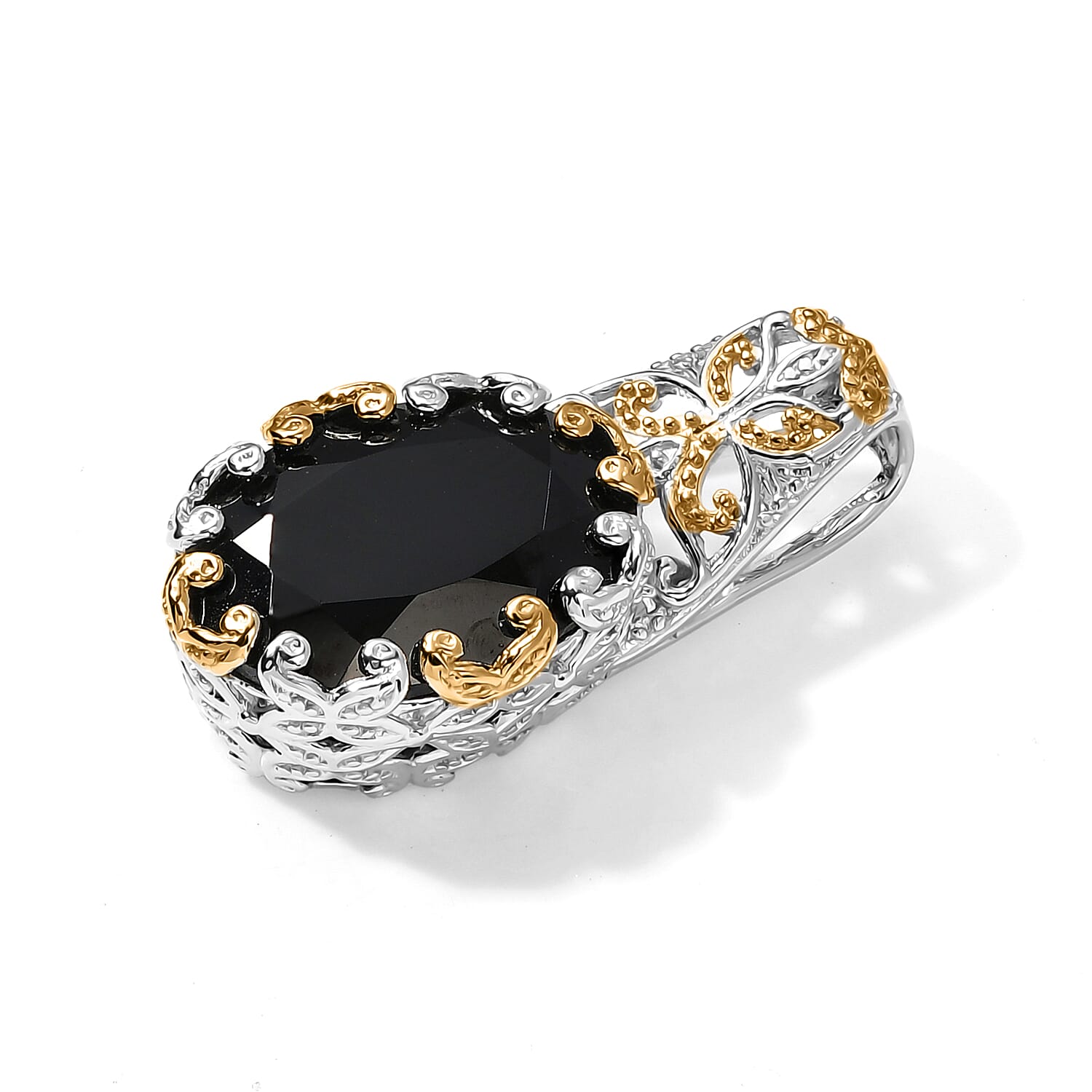 EverTrue Thai Black Spinel 27.00 ctw Solitaire Ring (Size 5.00), Pendant Without Chain and Earrings in 18K YG Plated and Platinum Bond