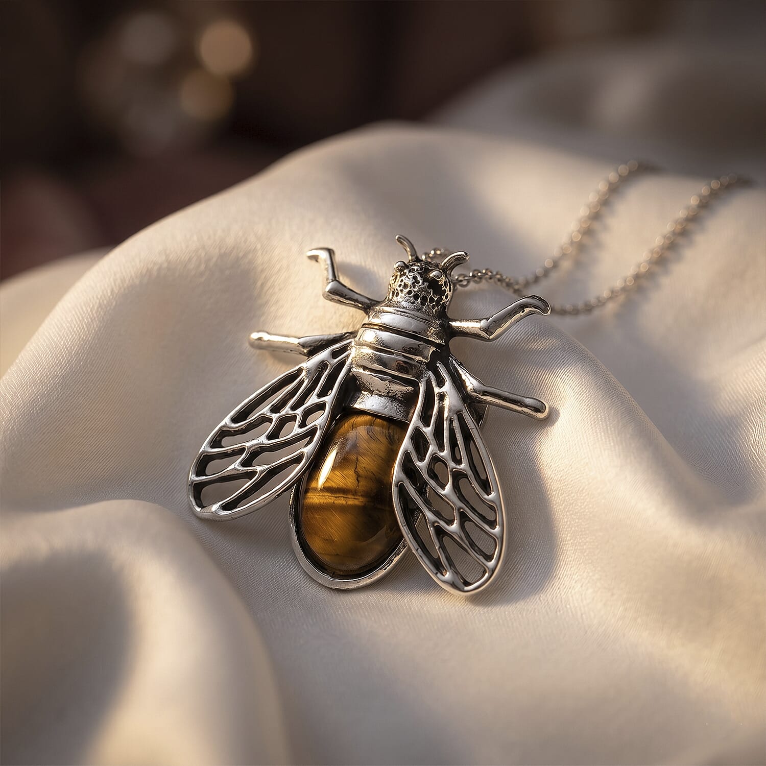 Yellow Tigers Eye 35.00 ctw Pendant in Silvertone with Stainless Steel Necklace 20 Inches