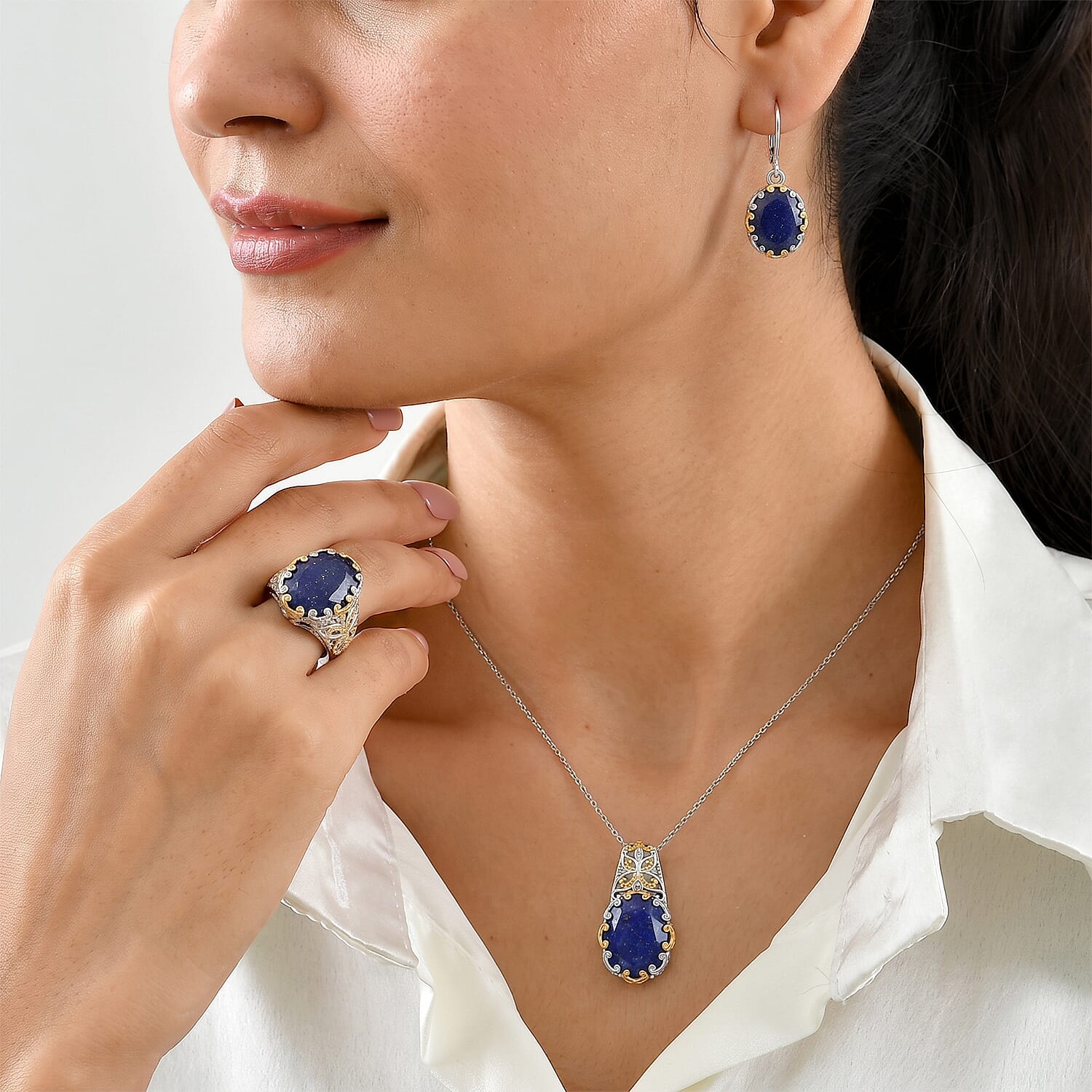 EverTrue Lapis Lazuli 21.00 ctw Earrings, Ring (Size 6.0) and Pendant without Chain in 18K YG Plated and Platinum Bond