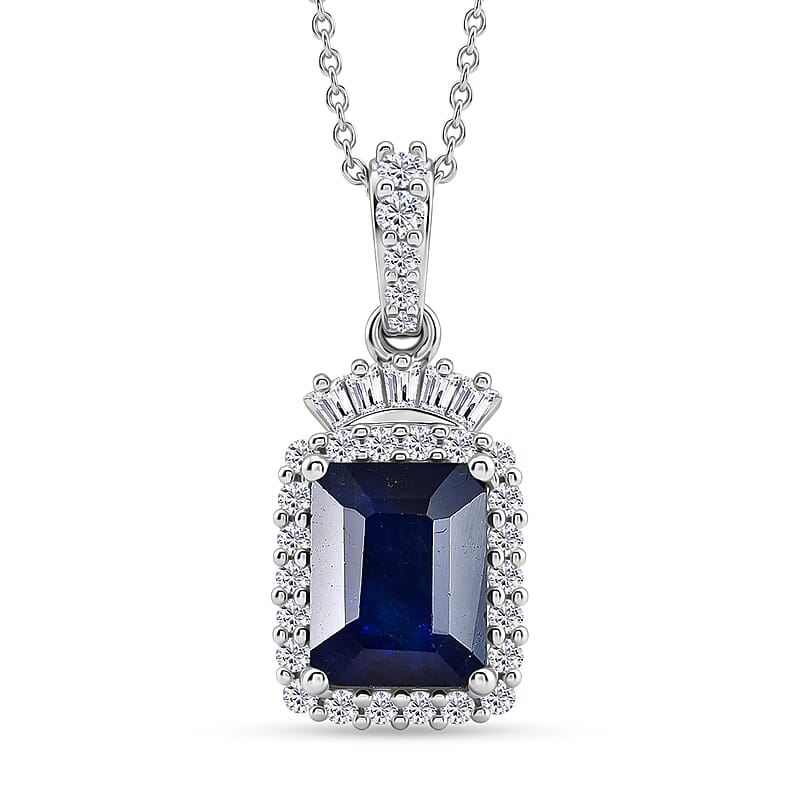 D'Joy Premium Kanchanaburi Blue Sapphire (DF) and Moissanite 3.50 ctw Midnight Royal Halo Pendant Necklace in Rhodium Over Sterling Silver 20 Inches
