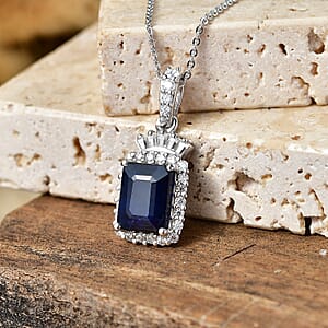 D'Joy Premium Kanchanaburi Blue Sapphire (DF) and Moissanite 3.50 ctw Midnight Royal Halo Pendant Necklace in Rhodium Over Sterling Silver 20 Inches