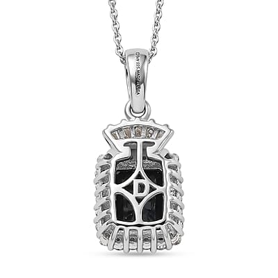 D'Joy Premium Kanchanaburi Blue Sapphire (DF) and Moissanite 3.50 ctw Midnight Royal Halo Pendant Necklace in Rhodium Over Sterling Silver 20 Inches