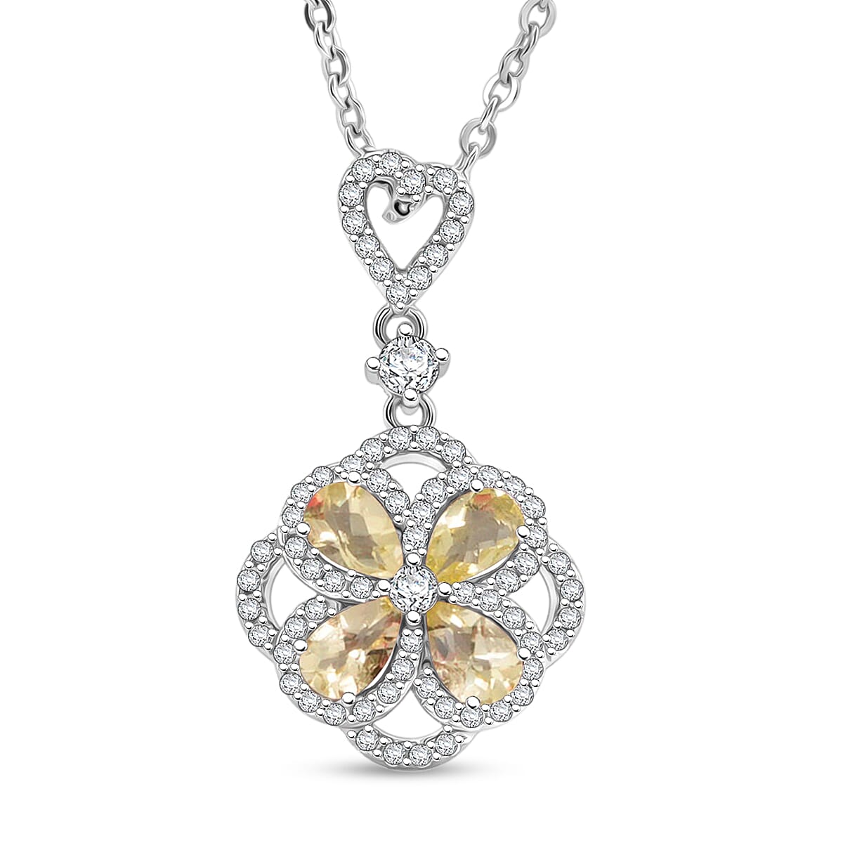 Lemon Quartz and White Corundum 0.90 ctw Pendant Necklace in Rhodium Over Sterling Silver 18-20 Inches