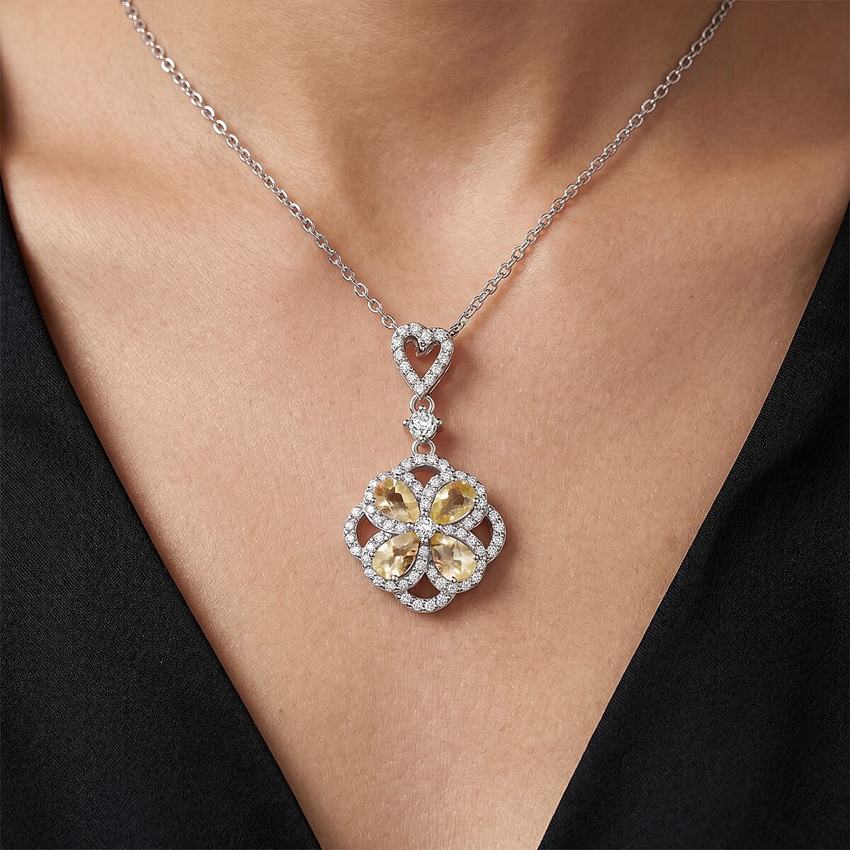 Lemon Quartz and White Corundum 0.90 ctw Pendant Necklace in Rhodium Over Sterling Silver 18-20 Inches