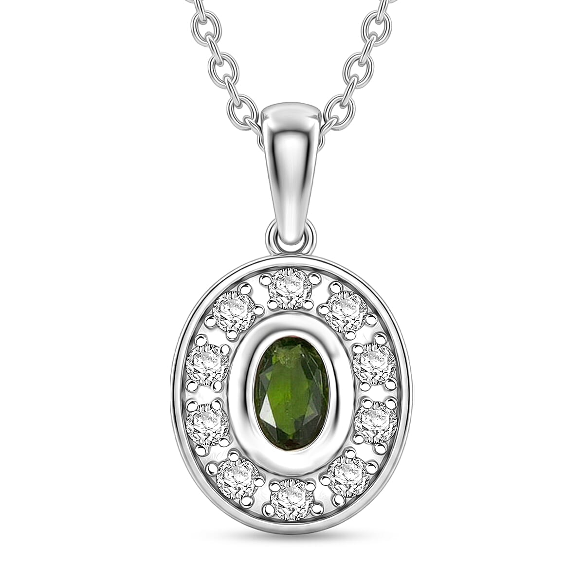 Chrome Diopside and White Corundum 0.50 ctw Pendant Necklace in Rhodium Over Sterling Silver 18-20 Inches