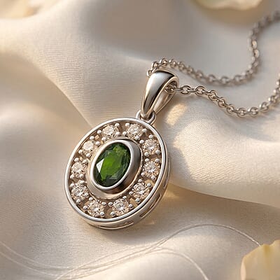 Chrome Diopside and White Corundum 0.50 ctw Pendant Necklace in Rhodium Over Sterling Silver 18-20 Inches