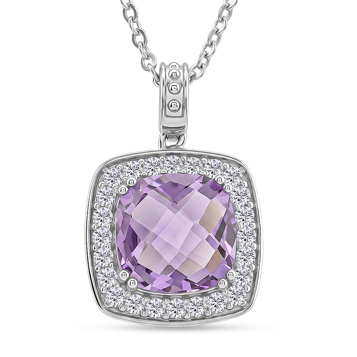 Rose De France Amethyst and White Corundum 6.00 ctw Pendant Necklace in Rhodium Over Sterling Silver 18-20 Inches