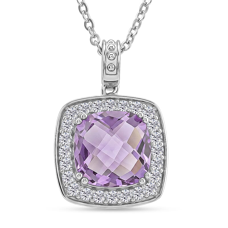 Rose De France Amethyst and White Corundum 6.00 ctw Pendant Necklace in Rhodium Over Sterling Silver 18-20 Inches