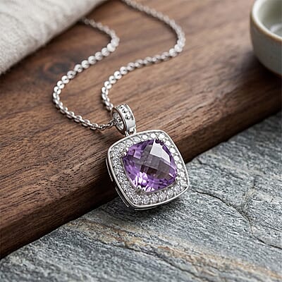 Rose De France Amethyst and White Corundum 6.00 ctw Pendant Necklace in Rhodium Over Sterling Silver 18-20 Inches