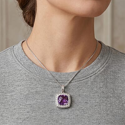 Rose De France Amethyst and White Corundum 6.00 ctw Pendant Necklace in Rhodium Over Sterling Silver 18-20 Inches