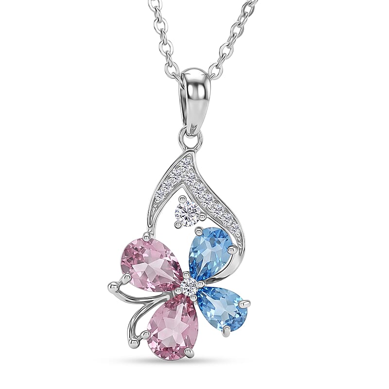 Pink Quartz and Multi Gemstone 4.20 ctw Pendant Necklace in Rhodium Over Sterling Silver 18-20 Inches