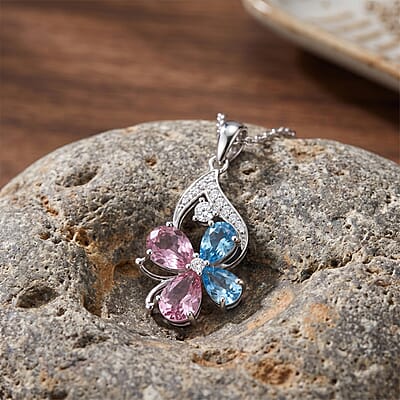 Pink Quartz and Multi Gemstone 4.20 ctw Pendant Necklace in Rhodium Over Sterling Silver 18-20 Inches