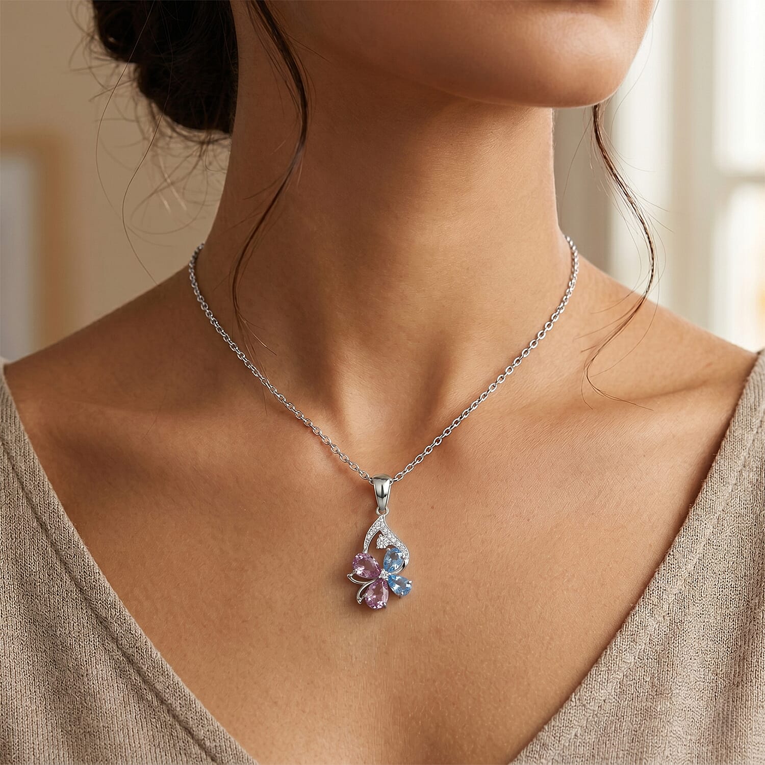 Pink Quartz and Multi Gemstone 4.20 ctw Pendant Necklace in Rhodium Over Sterling Silver 18-20 Inches