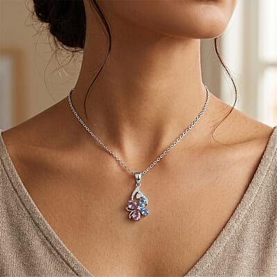 Pink Quartz and Multi Gemstone 4.20 ctw Pendant Necklace in Rhodium Over Sterling Silver 18-20 Inches
