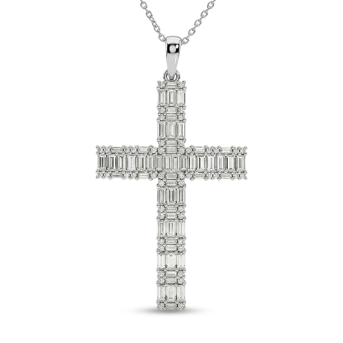 D'Joy Moissanite 2.50 ctw Men's Cross Pendant Necklace in Rhodium Over Sterling Silver (24 Inches)