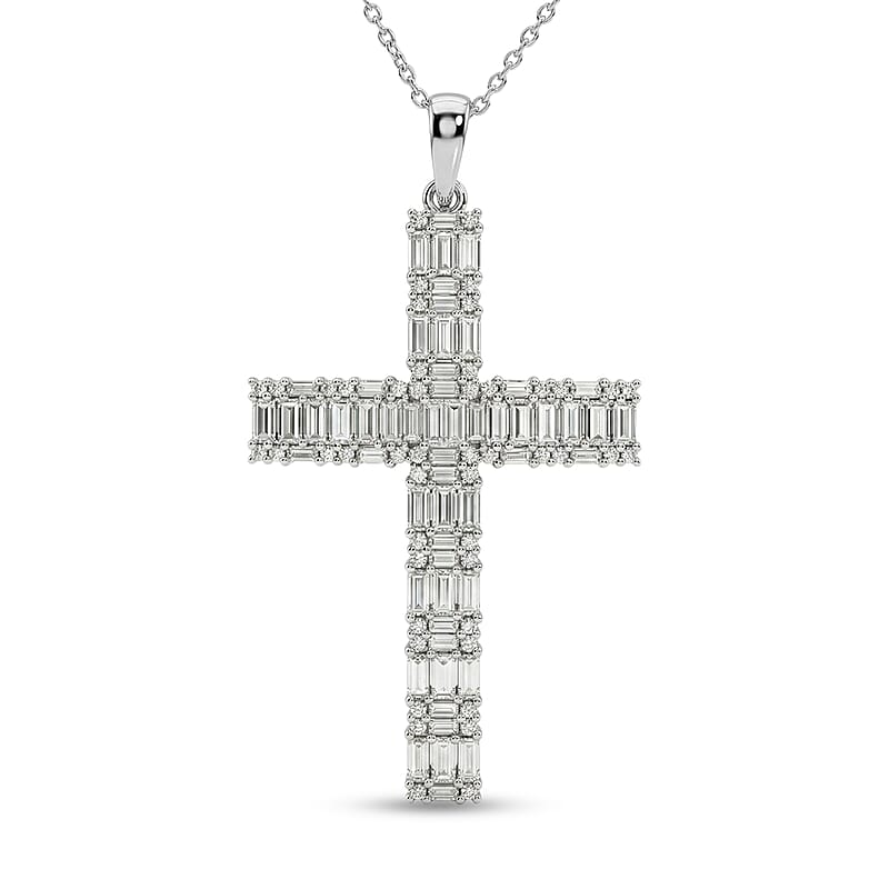 D'Joy Moissanite 2.50 ctw Men's Cross Pendant Necklace in Rhodium Over Sterling Silver (24 Inches)
