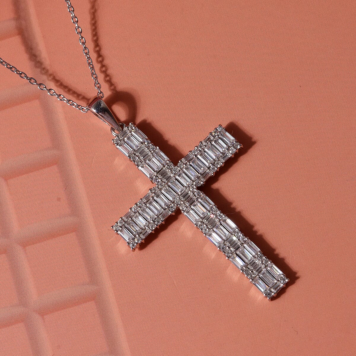 D'Joy Moissanite 2.50 ctw Men's Cross Pendant Necklace in Rhodium Over Sterling Silver (24 Inches) image number 1