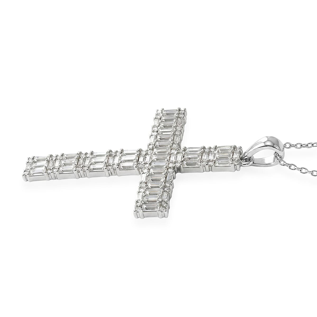 D'Joy Moissanite 2.50 ctw Men's Cross Pendant Necklace in Rhodium Over Sterling Silver (24 Inches)