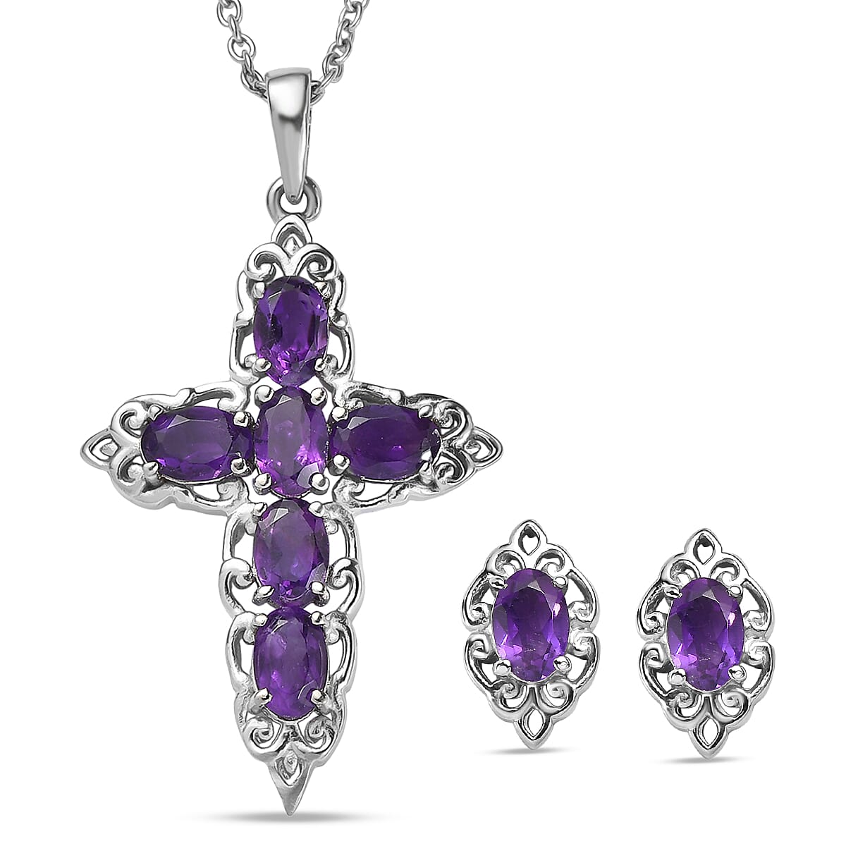 EverTrue African Amethyst 3.15 ctw Earrings and Pendant Necklace (20 Inches) in Stainless Steel