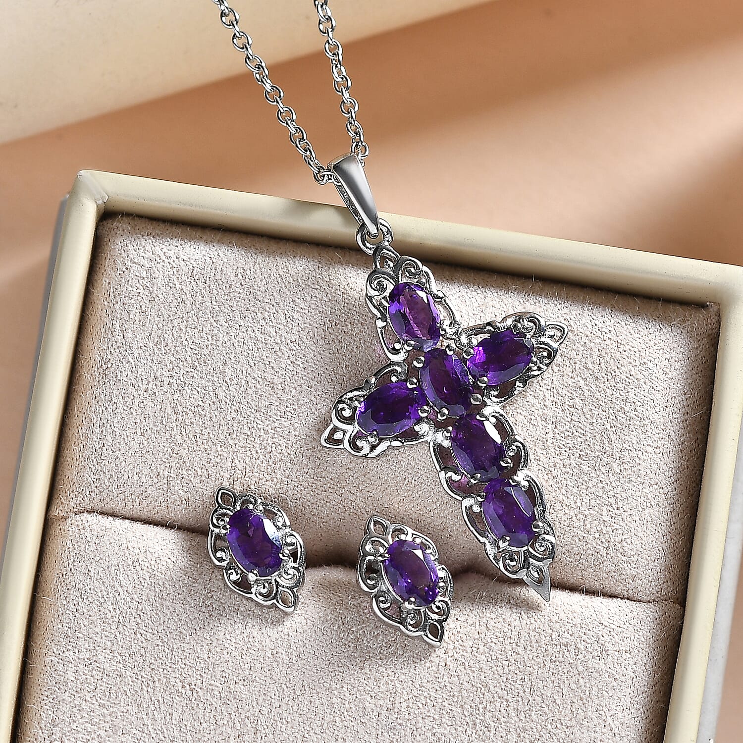 EverTrue African Amethyst 3.15 ctw Earrings and Pendant Necklace (20 Inches) in Stainless Steel