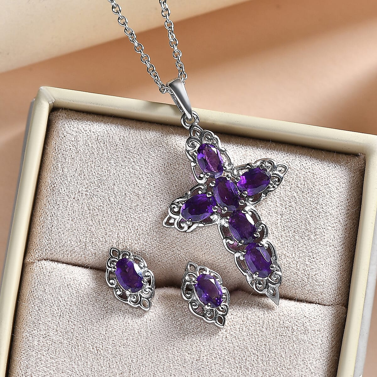 EverTrue African Amethyst 3.15 ctw Earrings and Pendant Necklace (20 Inches) in Stainless Steel image number 1