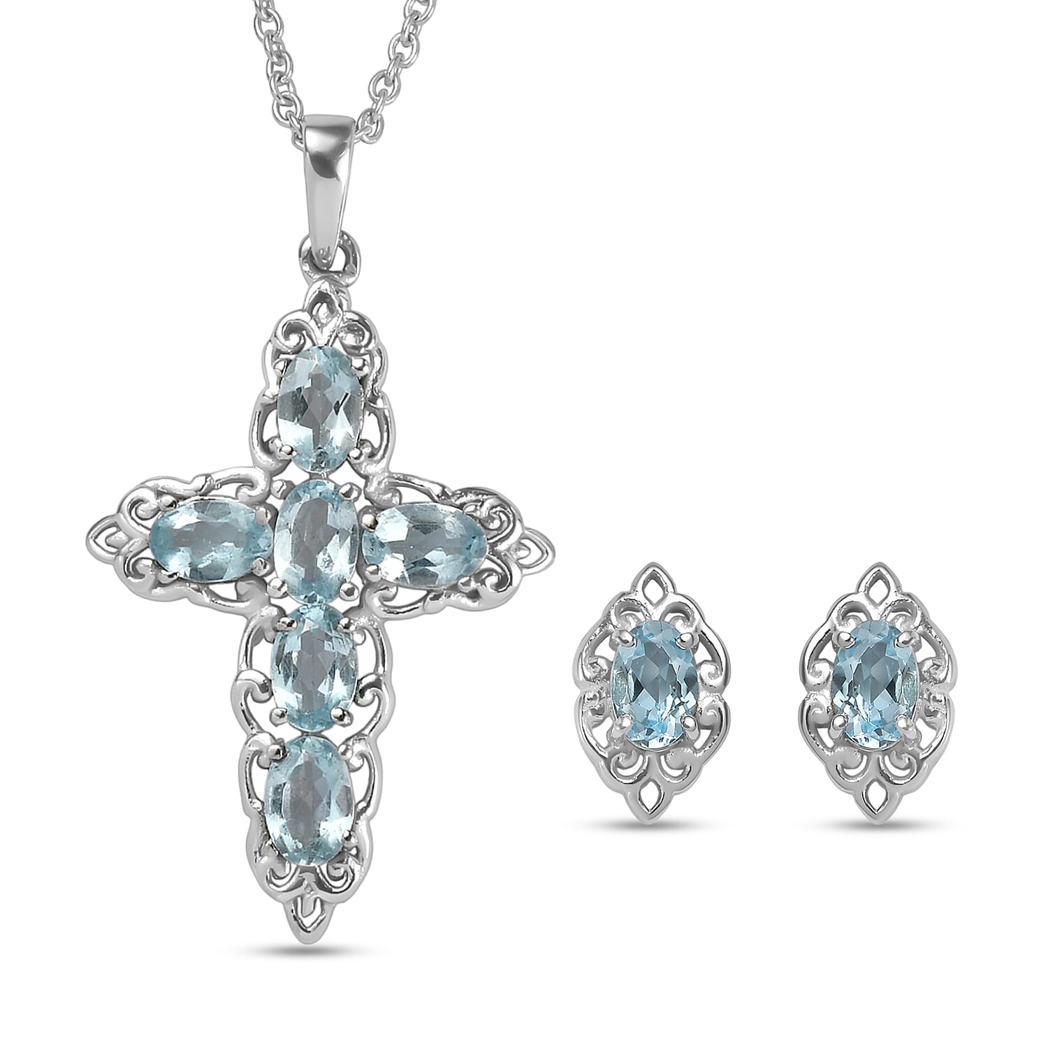 EverTrue Sky Blue Topaz Earrings and Cross Pendant Necklace (20 Inches) in Stainless Steel 4.70 ctw
